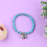 Sky Blue Stone Beaded Elephant Charm Stretch Bracelet in Sterling Silver
